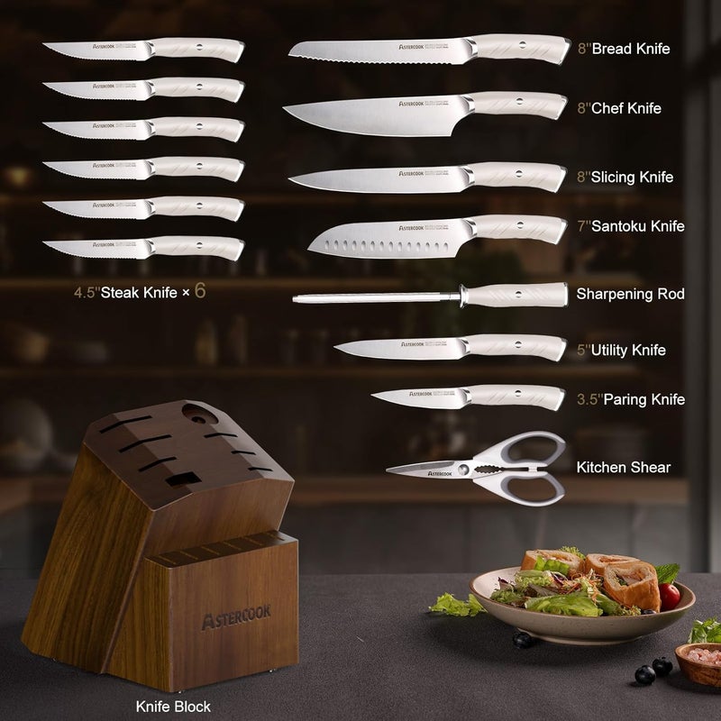 Astercook Knife Set, Kitchen Knife Set with Block, 15 Pcs Luxurious High Carbon German Stainless Steel Knives Set with Full Tang Ergonomic Handle, Dishwasher Safe Knife Block Set with Sharpening Rod - Image 2
